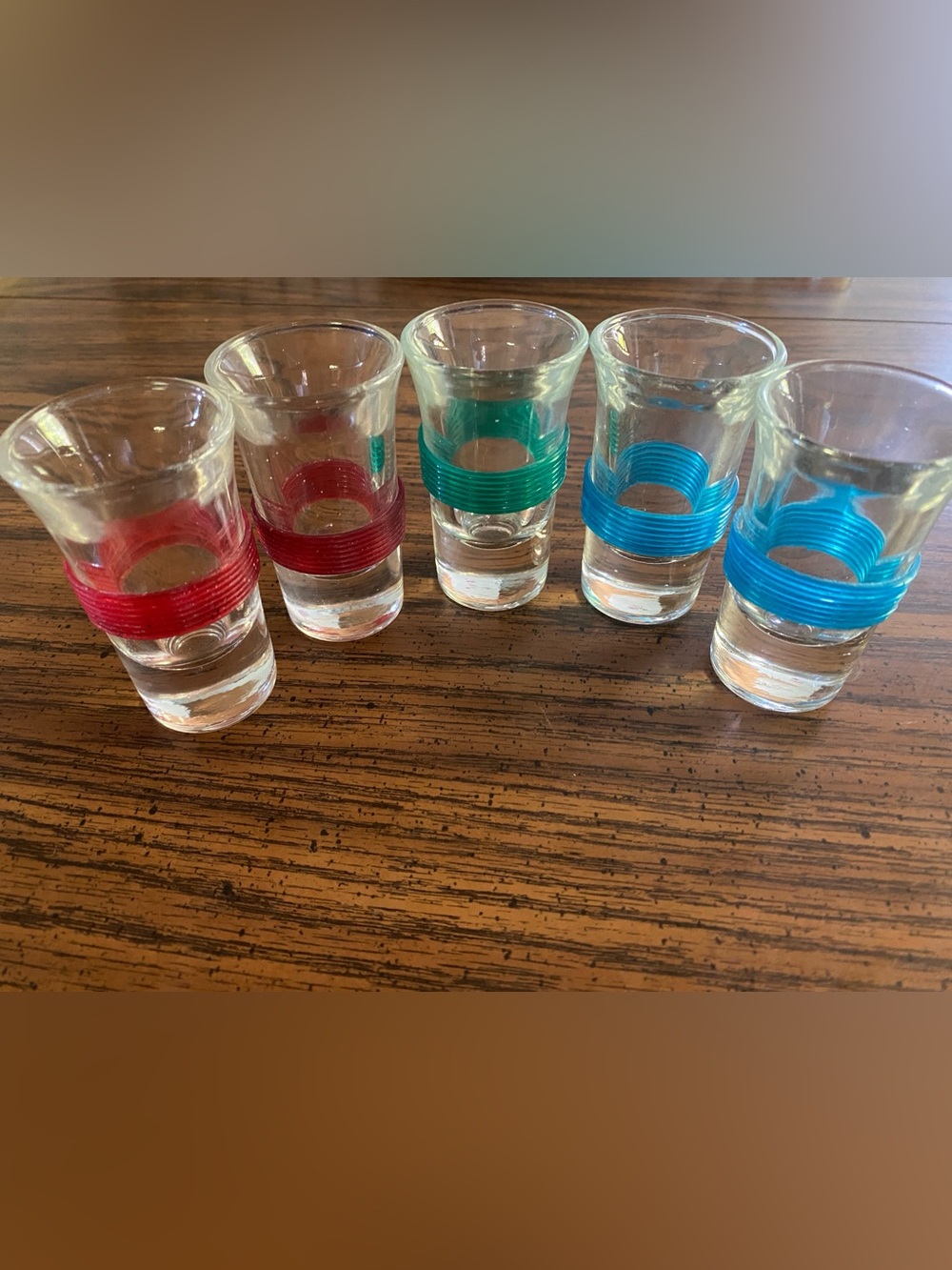 5 Vtg Celluloid Band Tsing Tao Shot glass Green Red Blue Blade Runner Star Trek